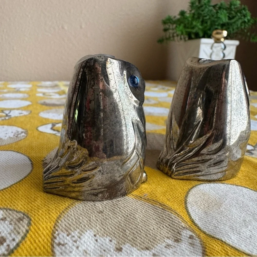 Vintage pewter owl with blue rhinestone eye salt and pepper shaker set